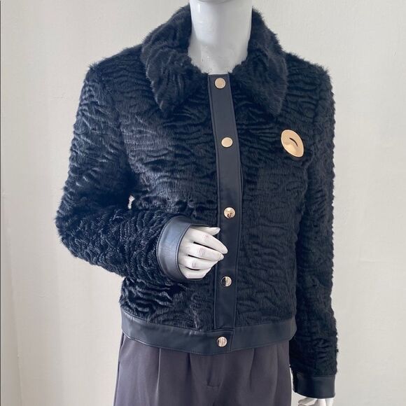 STAUD Buddha Black Faux Fur Jacket Vegan Leather Trim & an Oversized Gold Button - Picture 9 of 9